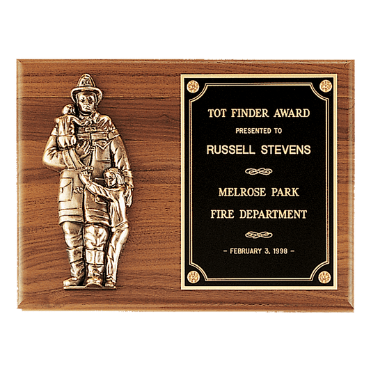 9"x12" Walnut Plaque with Bronze Firefighter & Children Cast, Black Brass Engravable Plate
