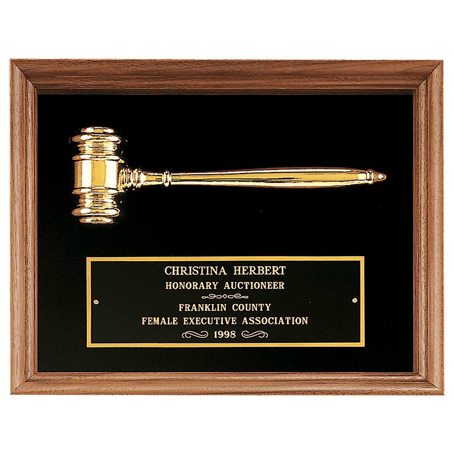 Gavel Plaque - 10"x13" Walnut Frame with black velnor background, Antique gold Metal Gavel, Laserable engrave plate