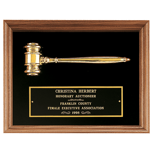 Gavel Plaque - 10"x13" Walnut Frame with black velnor background, Antique gold Metal Gavel, Laserable engrave plate