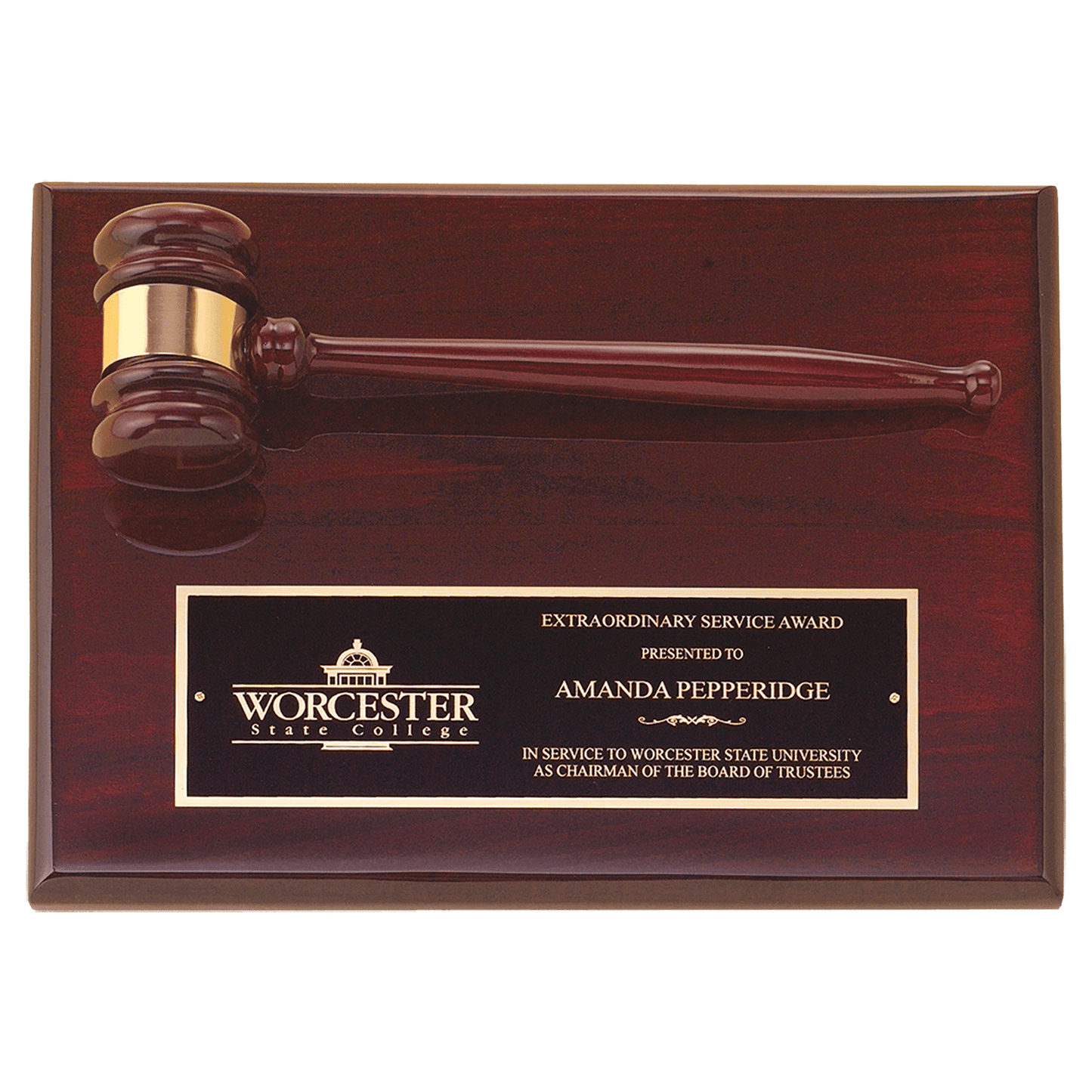 9"x12" Rosewood Piano Finish Plaque with rosewood gavel across the top, Laser Engraved Plate
