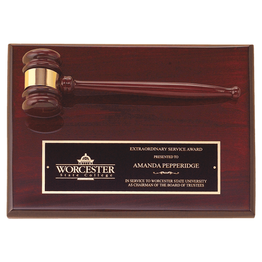 9"x12" Rosewood Piano Finish Plaque with rosewood gavel across the top, Laser Engraved Plate