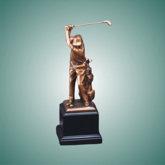 Male Golf resin Gallery Series Bronze Electroplated Sculpture Driver with bag on black base