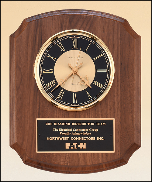Walnut plaque with black and gold dial