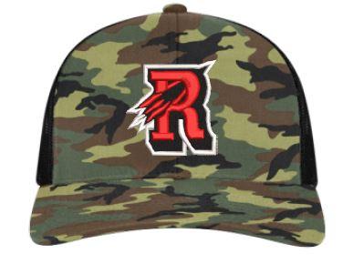 Army camo & Black Reading Rocket snapback Trucker hat with adjustable back. This hat has a curved visor and Mid-Profile crown with a trucker mesh back.