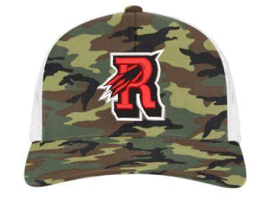 Army camo & White Reading Rocket snapback Trucker hat with adjustable back. This hat has a curved visor and Mid-Profile crown with a trucker mesh back.