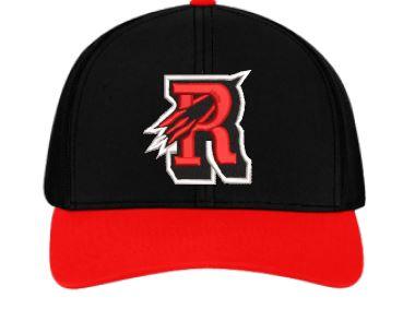 Black & Red Reading Rocket snapback Trucker hat with adjustable back. This hat has a curved visor and Mid-Profile crown with a trucker mesh back.
