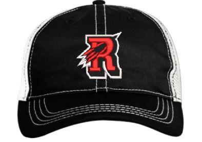 Black & White Reading Rocket snapback Trucker hat with adjustable back. This hat has a curved visor and an Unstructured  Low-Profile crown with soft trucker mesh back.