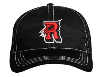 Black Reading Rocket snapback Trucker hat with adjustable back. This hat has a curved visor and an Unstructured  Low-Profile crown with soft trucker mesh back.