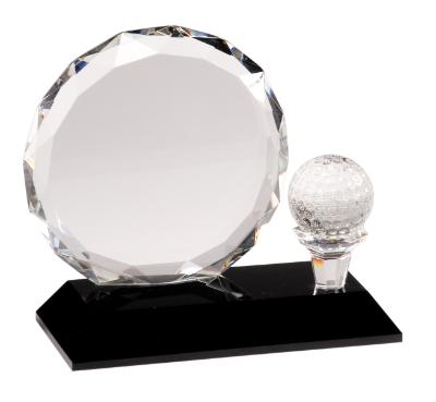 Round Facet Crystal with Golf Ball on Black Pedestal Base. Available in 2 Sizes