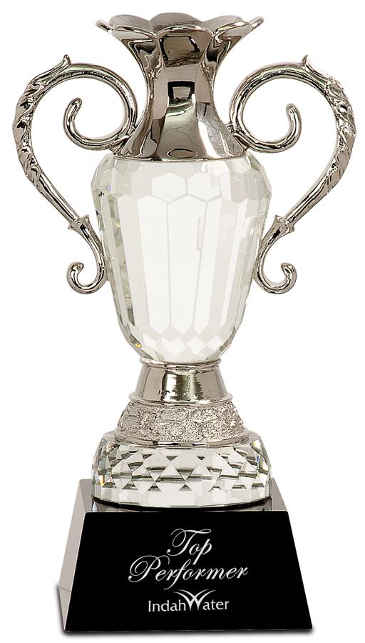 Crystal Cup with Silver Metal Handles on Black Pedestal Base. Available 2 Sizes