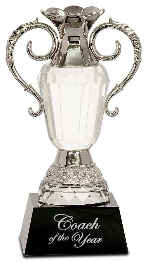 Crystal Cup with Silver Metal Handles on Black Pedestal Base. Available 2 Sizes