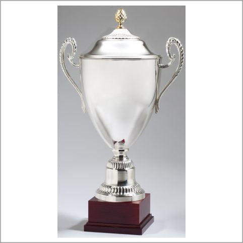 Silver Plate Italian Cup with lid and acorn figure on rosewood base. Available in 3 sizes.