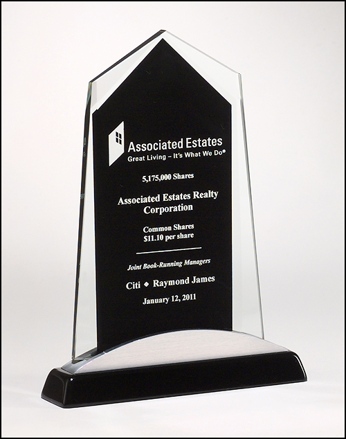Black back glass award with silver accents on black piano finished base. Available in three sizes