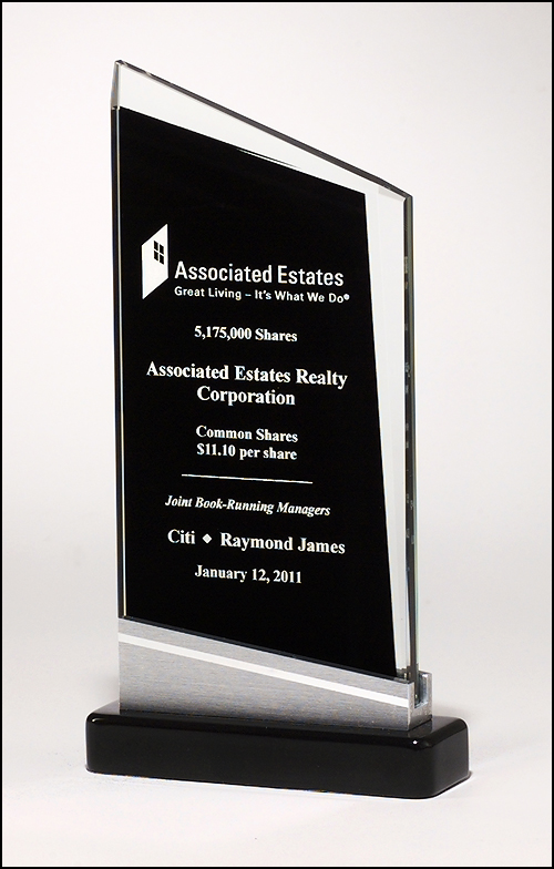 black peak award with silver accents on black piano finished base. Available in three sizes