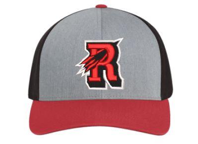 Heather Gray, Light Charcoal & Red Reading Rocket snapback Trucker hat with adjustable back. This hat has a curved visor and Mid-Profile crown with a trucker mesh back.