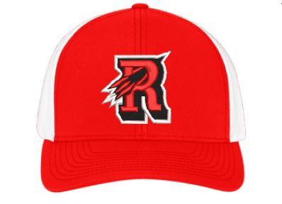 Red & White Reading Rocket snapback Trucker hat with adjustable back. This hat has a curved visor and Mid-Profile crown with a trucker mesh back.