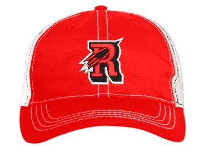 Red & White Reading Rocket snapback Trucker hat with adjustable back. This hat has a curved visor and an Unstructured Low-Profile crown with soft trucker mesh back.