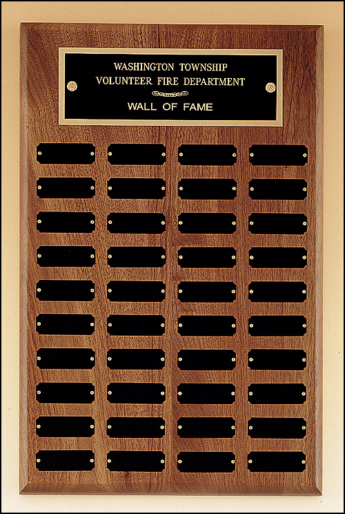 13"x20" 40 plates walnut perpetual plaque Black brass plates are 7/8" x 2-1/2"