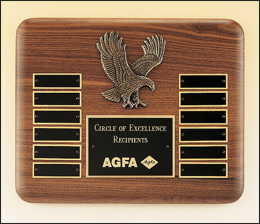 10.5"x13" American Walnut plaque with 12 Individual Black Brass plates, Gold Eagle casting in middle