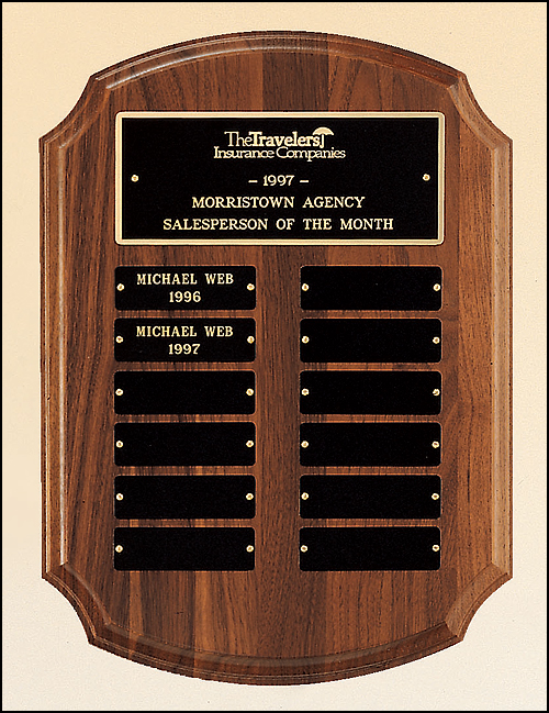 11"x15" american walnut plaque with 12 Individual Black Brass Plates, Individual plate sizes 1"x3.25