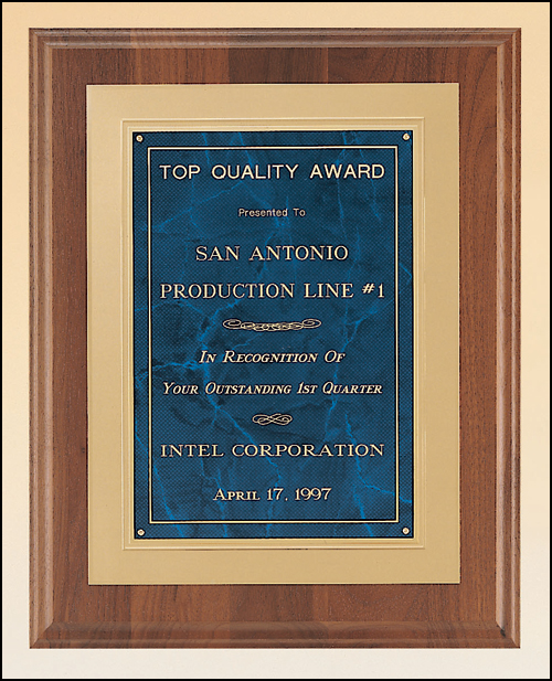 12"x15" solid American walnut plaque featuring a blue marble plate with gold and blue and black boarder, and a gold back plate