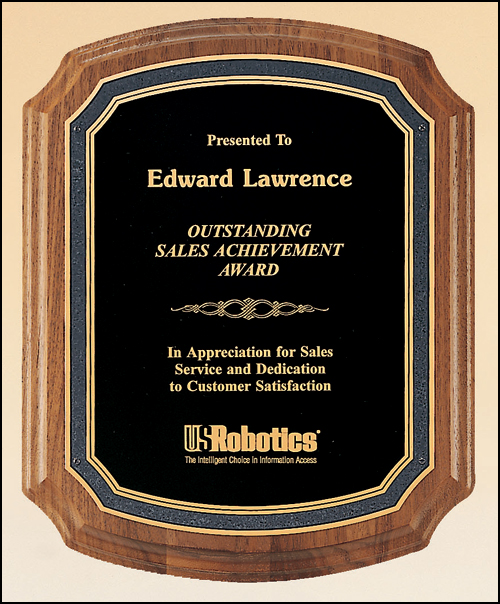 Solid Walnut Notched corners Plaque with Laser engravable Black/Gold Florentine edge Brass Plate. Available in 4 sizes.