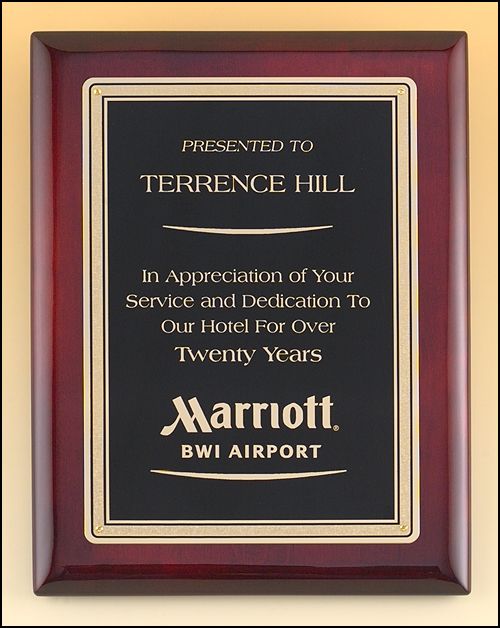 Rosewood piano plaque with black brass plate with gold Florentine border. Available in 4 sizes.