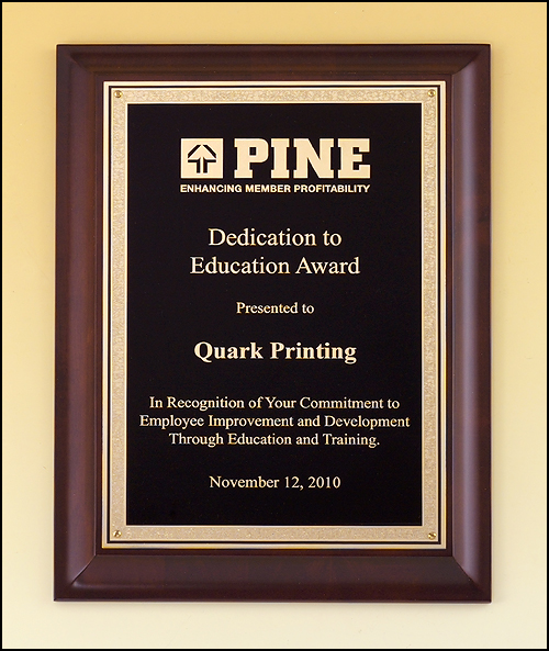 Cherry Finish Plaque, Laser Engravable Gold Florintine border Black brass plate. Available in 3 sizes.